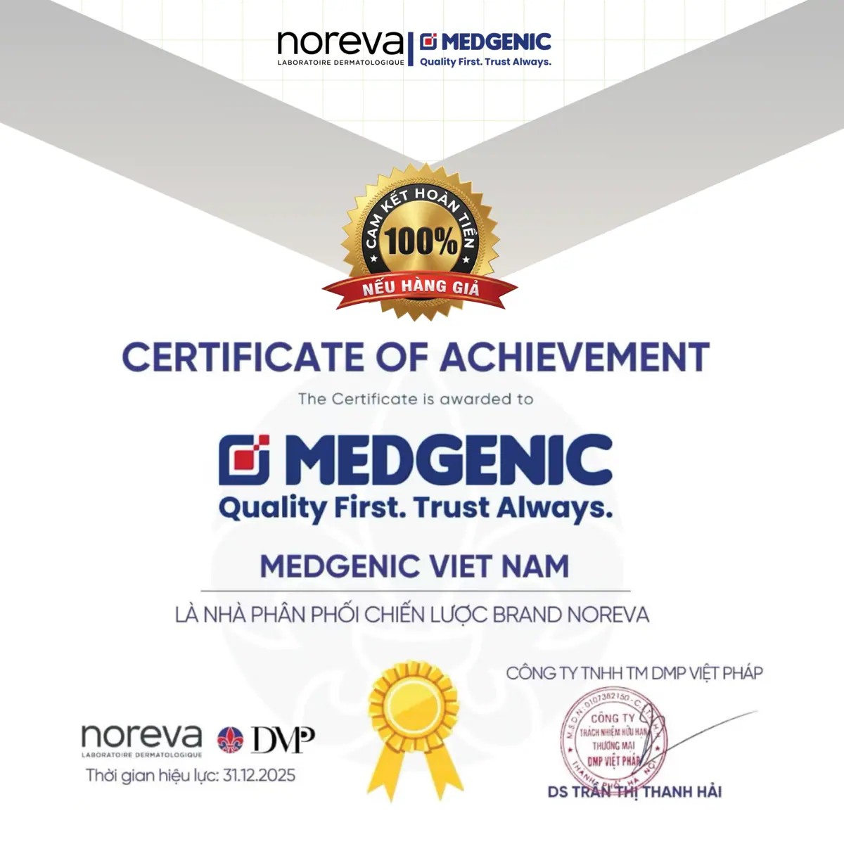 Chứng nhận nhà phân phối chiến lược do Noreva cấp cho Medgenic Việt Nam